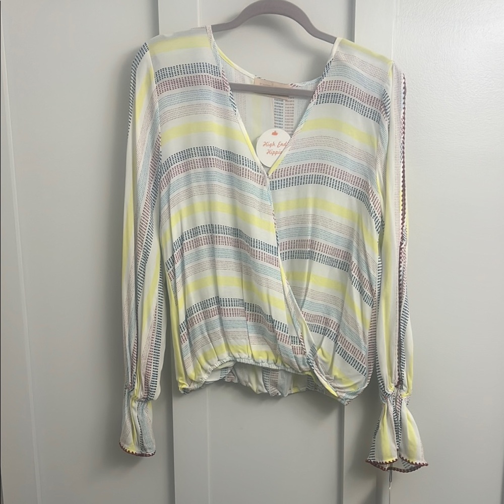 Yellow and Gray Wrap Blouse with Cuffed Long Sleeves